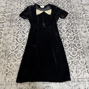 Vintage Justin McCarty size 14 Gothic Black Velvet Lace Collared Dress Vampi